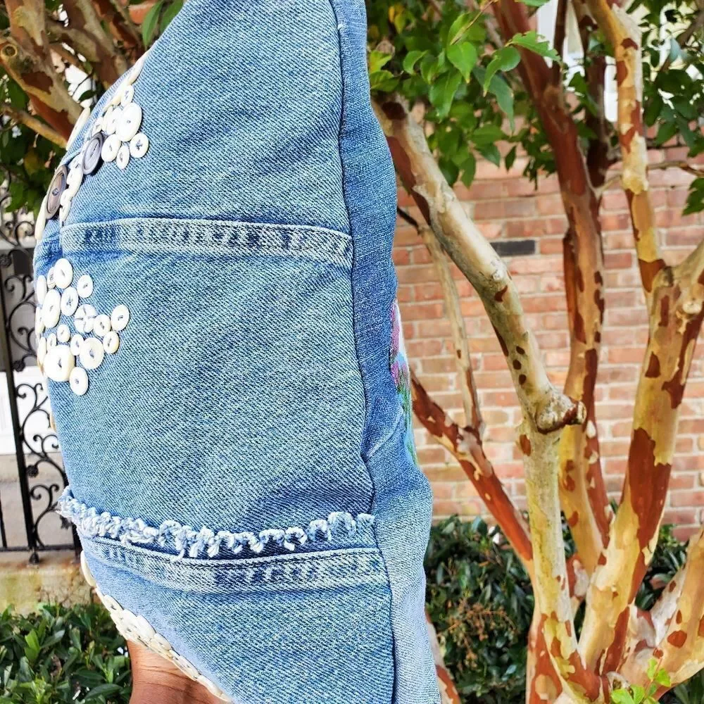 Handmade Recycled Denim Button Detail Gypsy Boho Crossbody Bag.